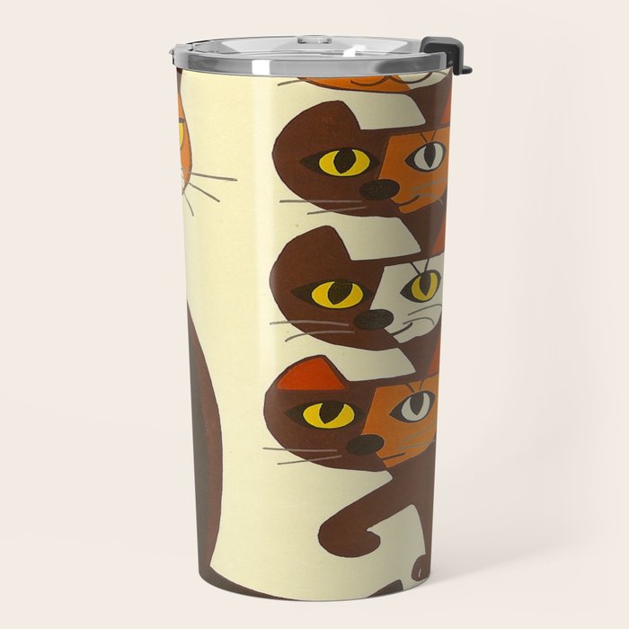 Inagaki Tomoo Vintage Japanese Woodblock print mid century Modern Cubism Art Cats Feline Travel Mug Gallery Image 2