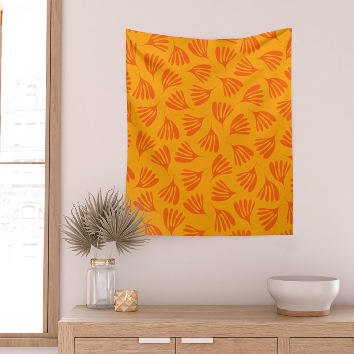 Orange Toned Wispy Leaves Contemporary Abstract Pattern Wall Tapestry Gallery Image 2
