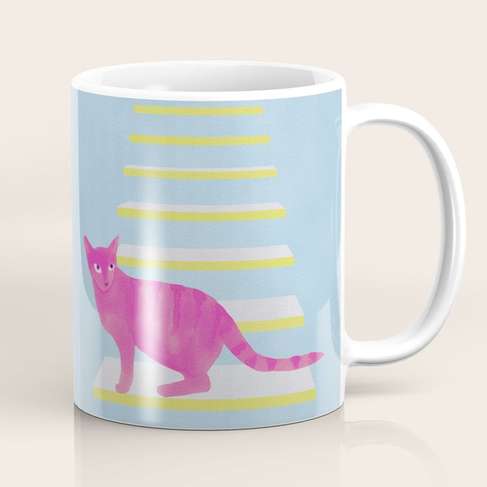 Cat on the Stairs - Pink Coffee Mug Gallery Image 1