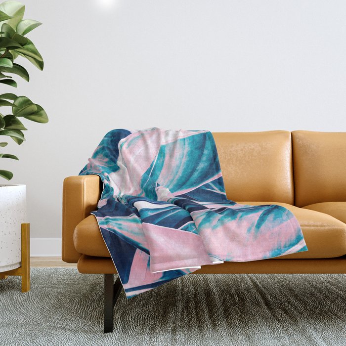 Botanical leaf pink and blue Throw Blanket Gallery Image 1