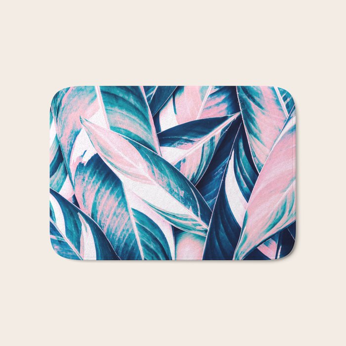 Botanical leaf pink and blue Bath Mat Gallery Image 1