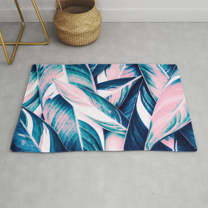 Botanical leaf pink and blue Rug Gallery Image 1