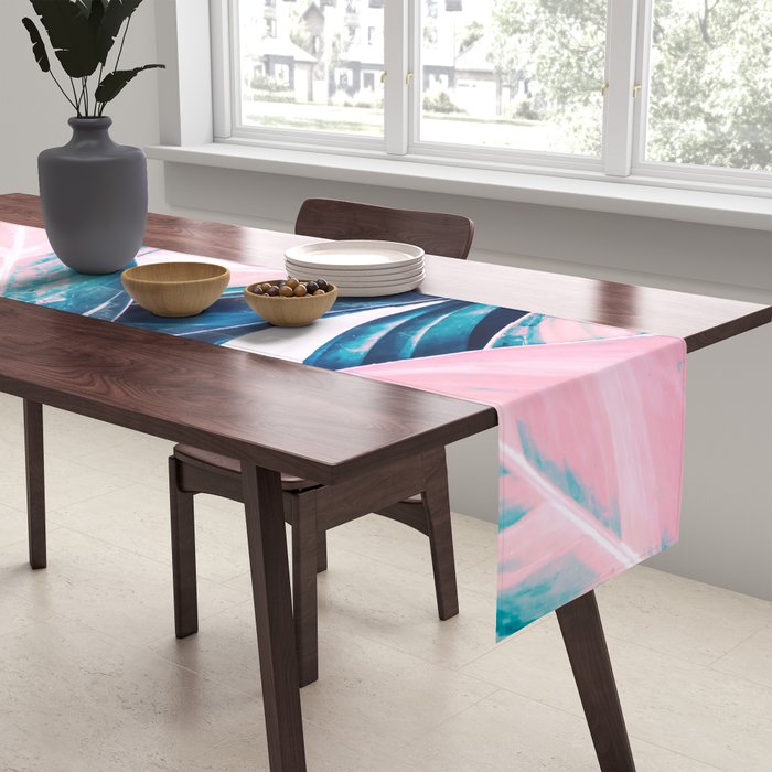 Botanical leaf pink and blue Table Runner Gallery Image 2