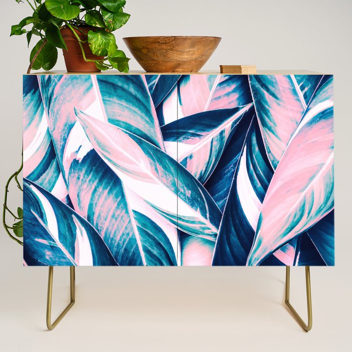 Botanical leaf pink and blue Credenza Gallery Image 1