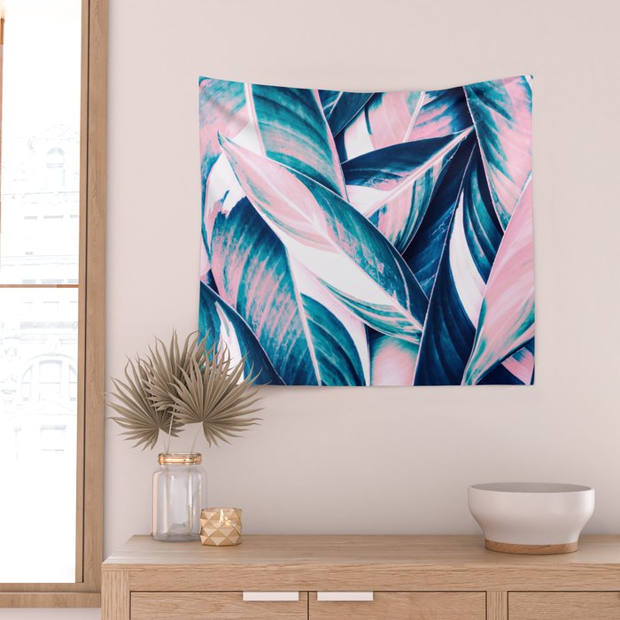 Botanical leaf pink and blue Wall Tapestry Gallery Image 2