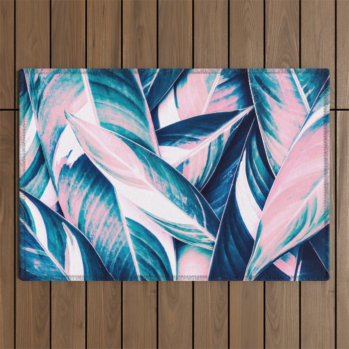 Botanical leaf pink and blue Outdoor Rug Gallery Image 1