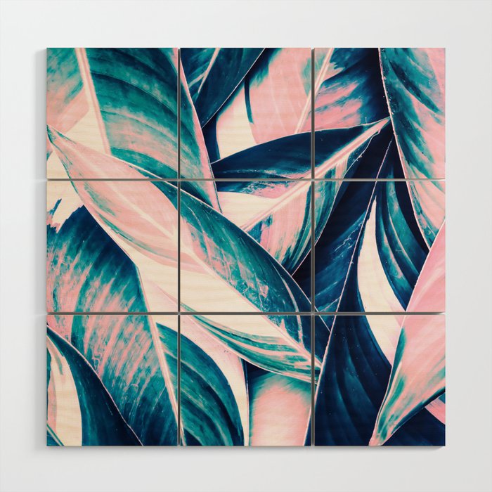 Botanical leaf pink and blue Wood Wall Art Gallery Image 1