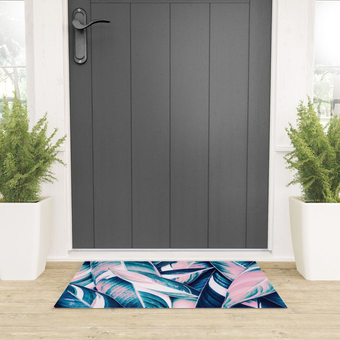 Botanical leaf pink and blue Welcome Mat Gallery Image 3