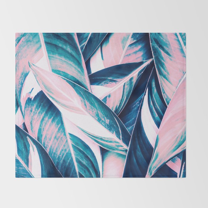 Botanical leaf pink and blue Throw Blanket Gallery Image 2