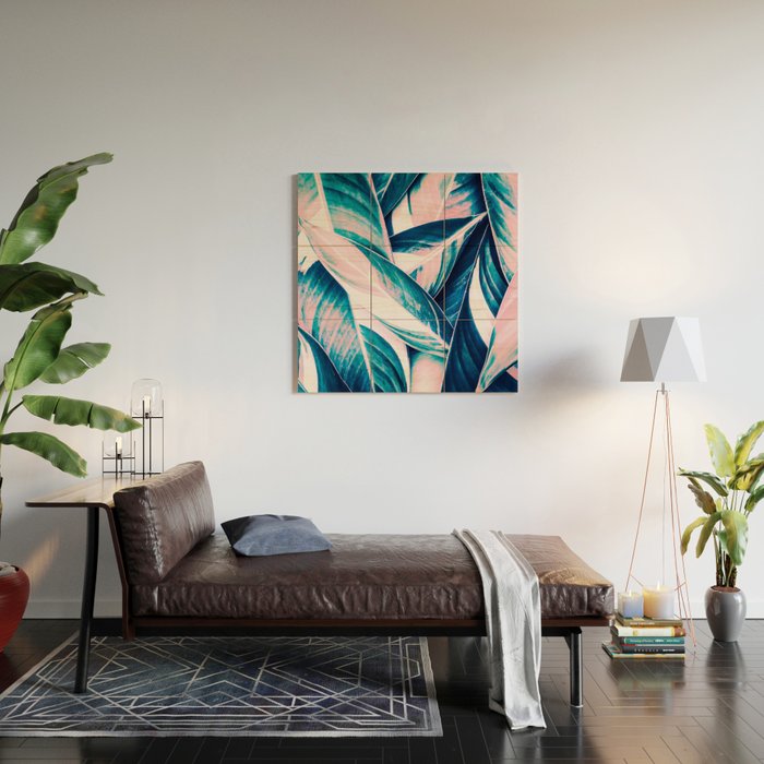 Botanical leaf pink and blue Wood Wall Art Gallery Image 2
