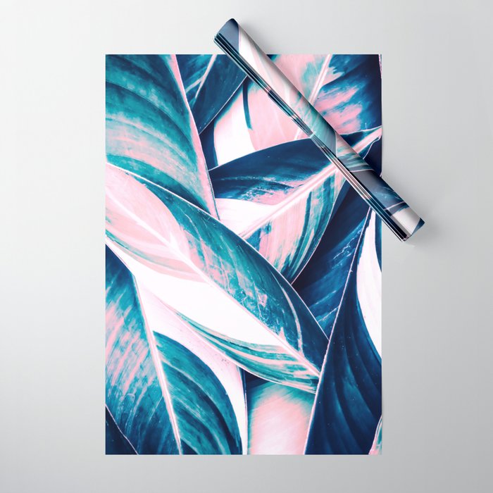 Botanical leaf pink and blue Wrapping Paper Gallery Image 1