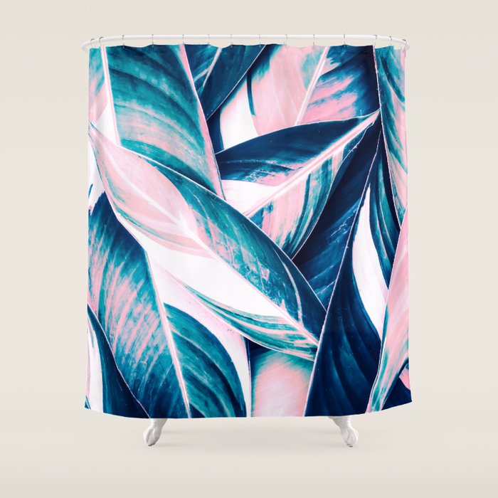 Botanical leaf pink and blue Shower Curtain Gallery Image 1