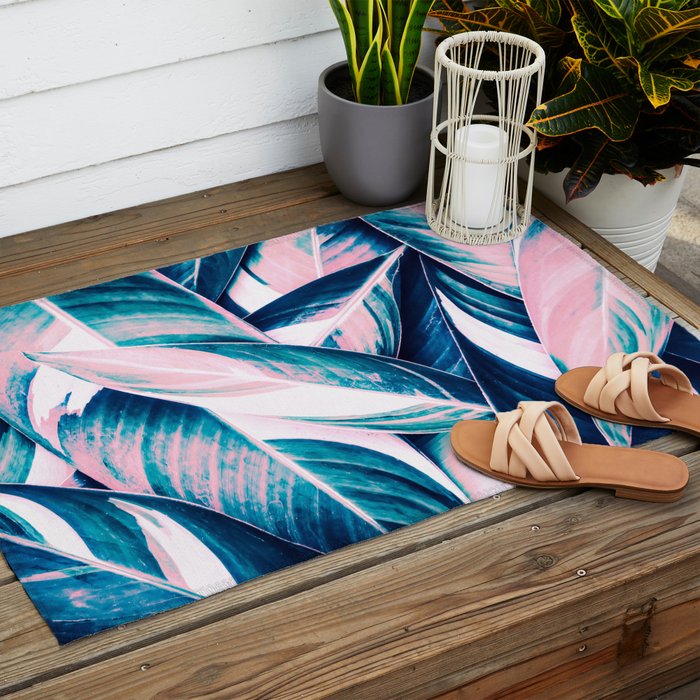 Botanical leaf pink and blue Outdoor Rug Gallery Image 2