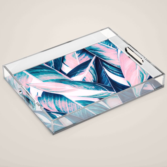 Botanical leaf pink and blue Acrylic Tray Gallery Image 1