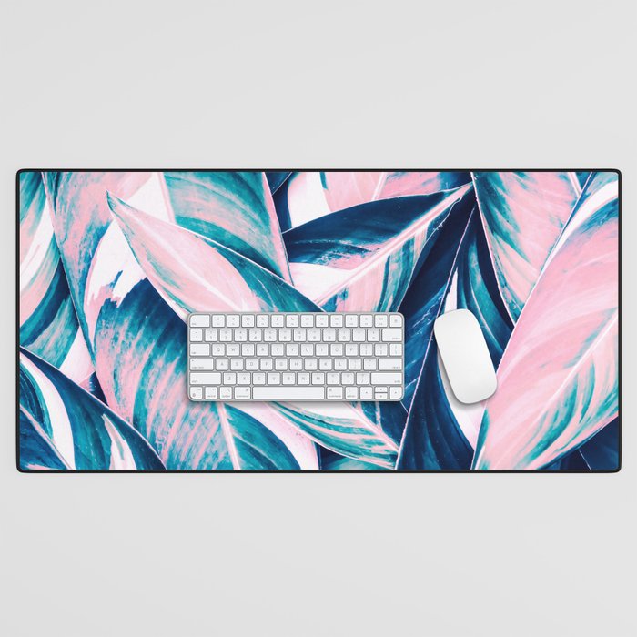 Botanical leaf pink and blue Desk Mat Gallery Image 1