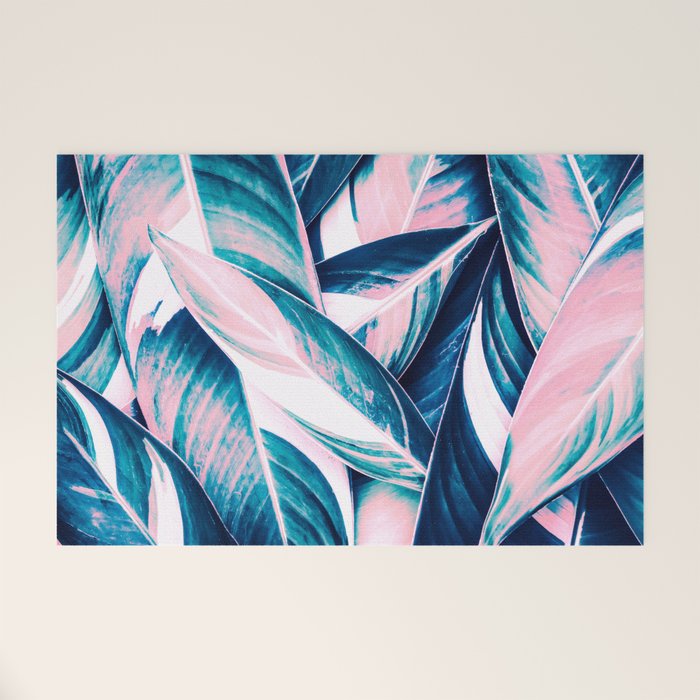 Botanical leaf pink and blue Welcome Mat Gallery Image 1