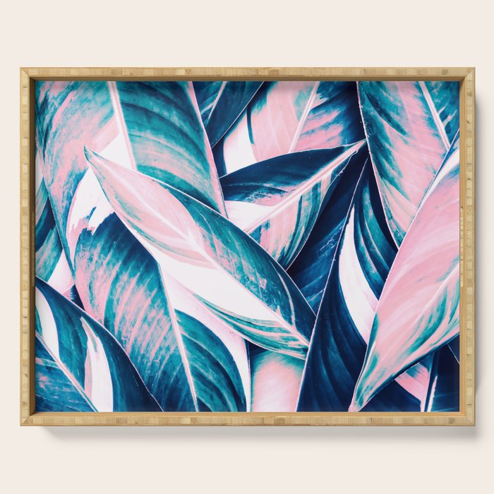 Botanical leaf pink and blue Serving Tray Gallery Image 1