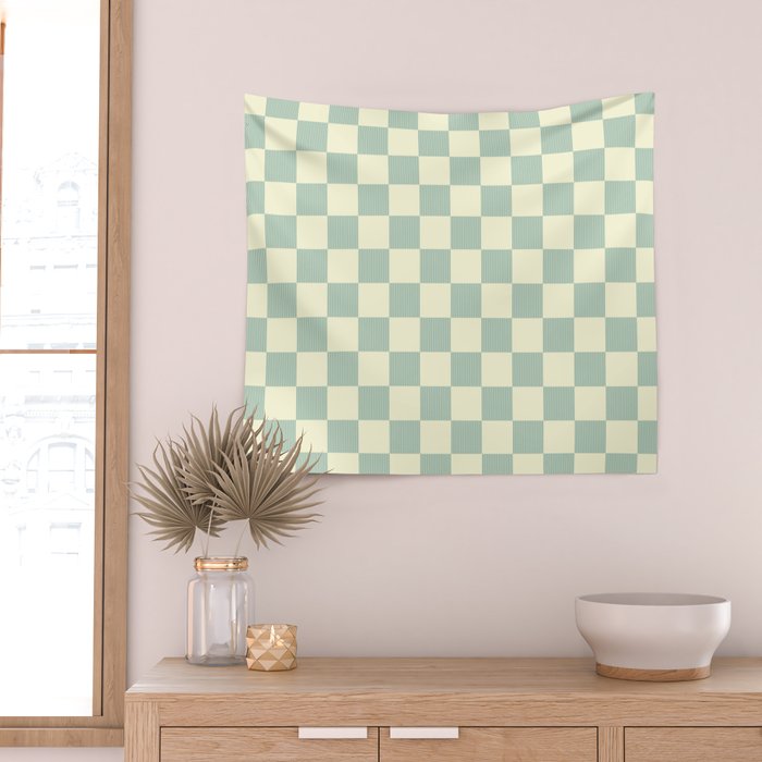 Textured Plaid pattern blue and white Wall Tapestry Gallery Image 2