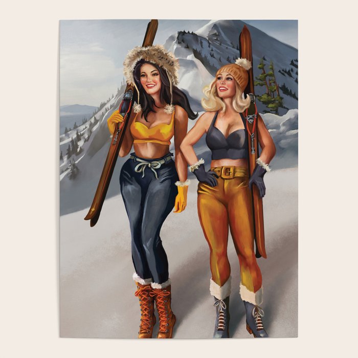 "Ski Bunnies" Cool Retro Winter Pinup Girl Art Poster Gallery Image 4
