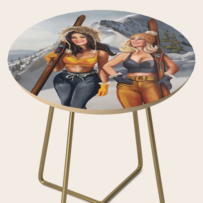 "Ski Bunnies" Cool Retro Winter Pinup Girl Art Side Table Gallery Image 2