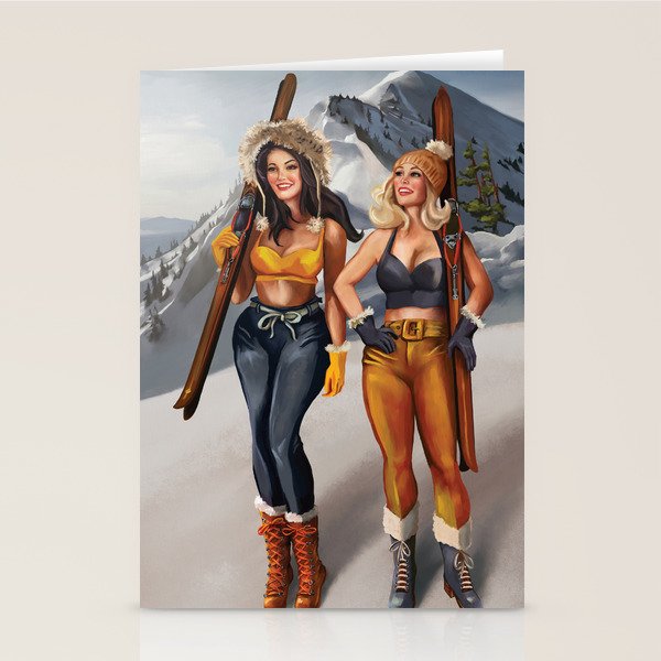 "Ski Bunnies" Cool Retro Winter Pinup Girl Art Stationery Card Gallery Image 2