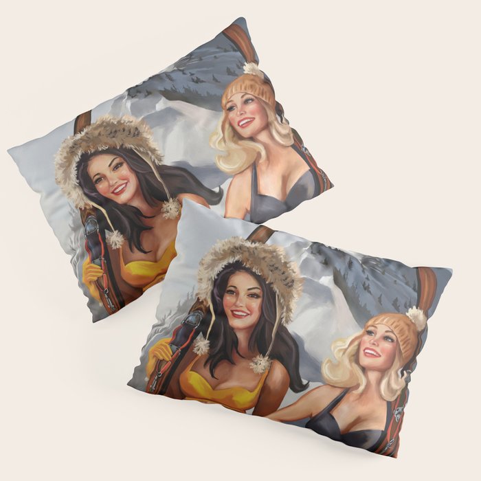 "Ski Bunnies" Cool Retro Winter Pinup Girl Art Pillow Sham Gallery Image 1
