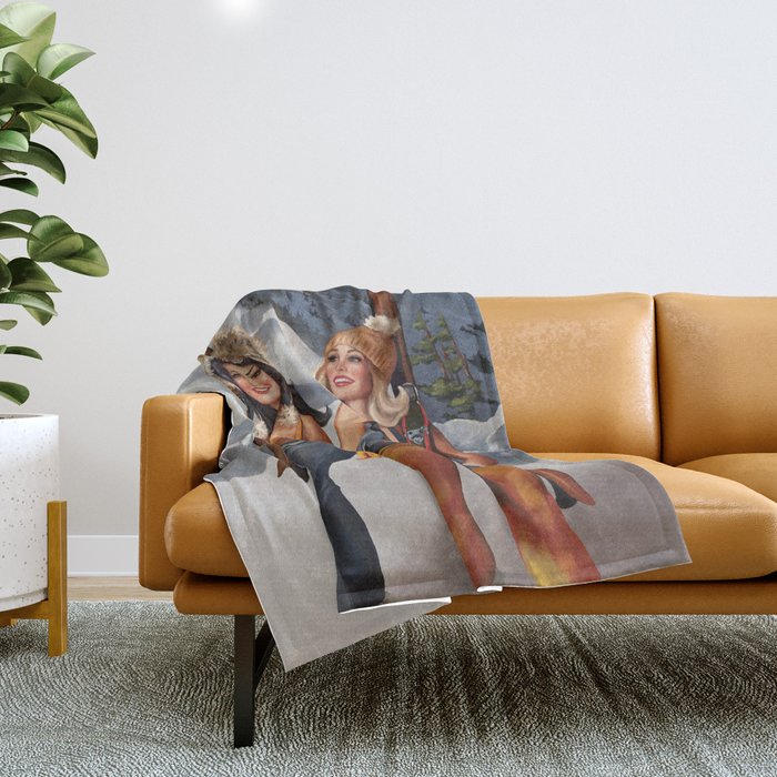 "Ski Bunnies" Cool Retro Winter Pinup Girl Art Throw Blanket Gallery Image 1