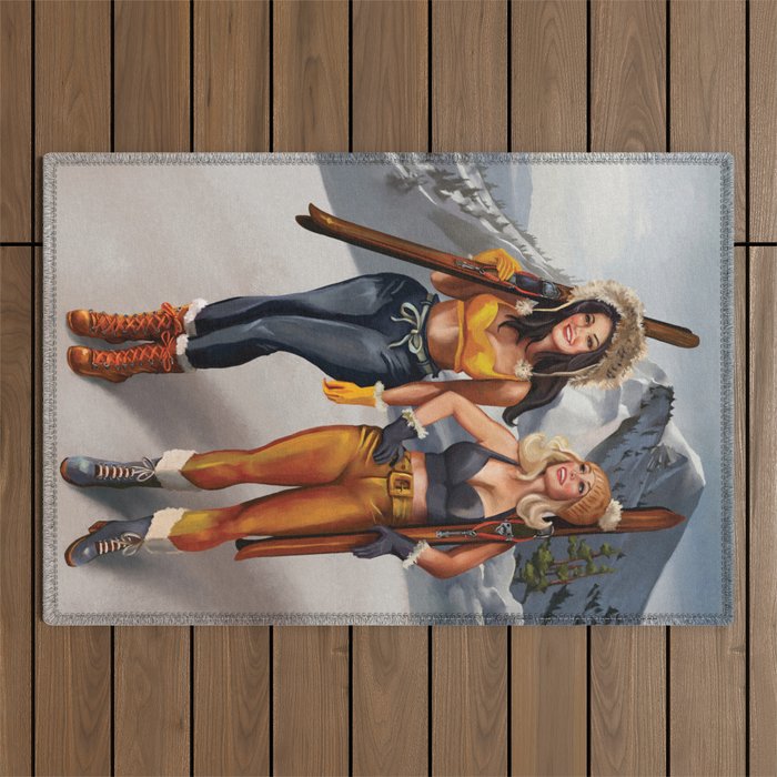 "Ski Bunnies" Cool Retro Winter Pinup Girl Art Outdoor Rug Gallery Image 1