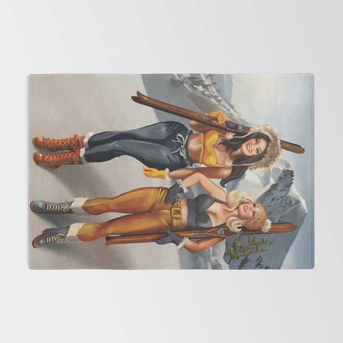 "Ski Bunnies" Cool Retro Winter Pinup Girl Art Rug Gallery Image 2