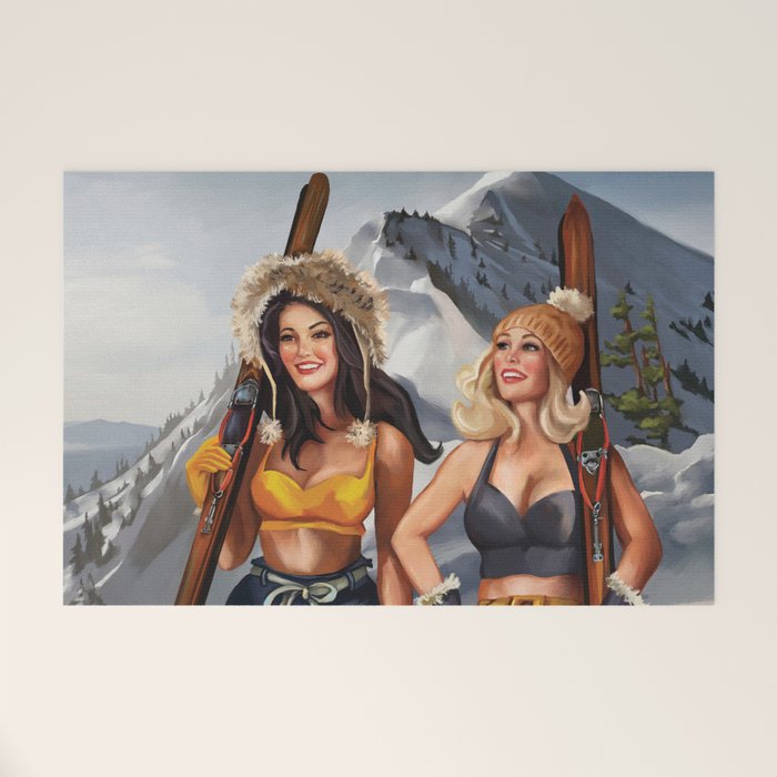 "Ski Bunnies" Cool Retro Winter Pinup Girl Art Welcome Mat Gallery Image 1