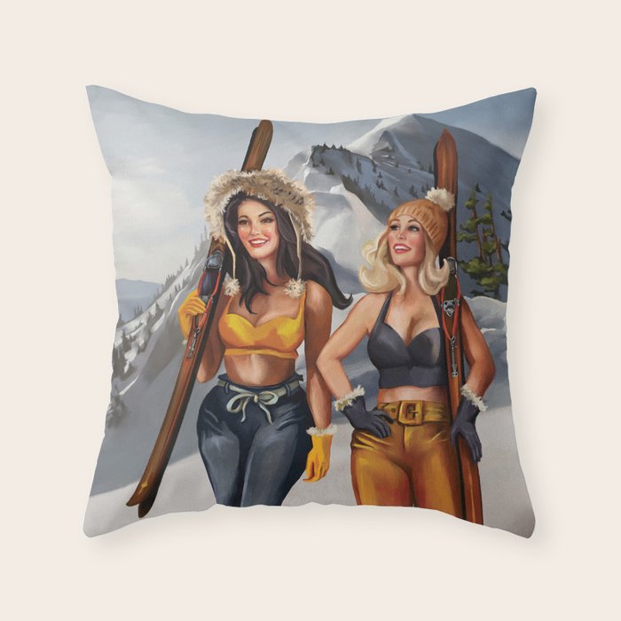 "Ski Bunnies" Cool Retro Winter Pinup Girl Art Throw Pillow Gallery Image 6