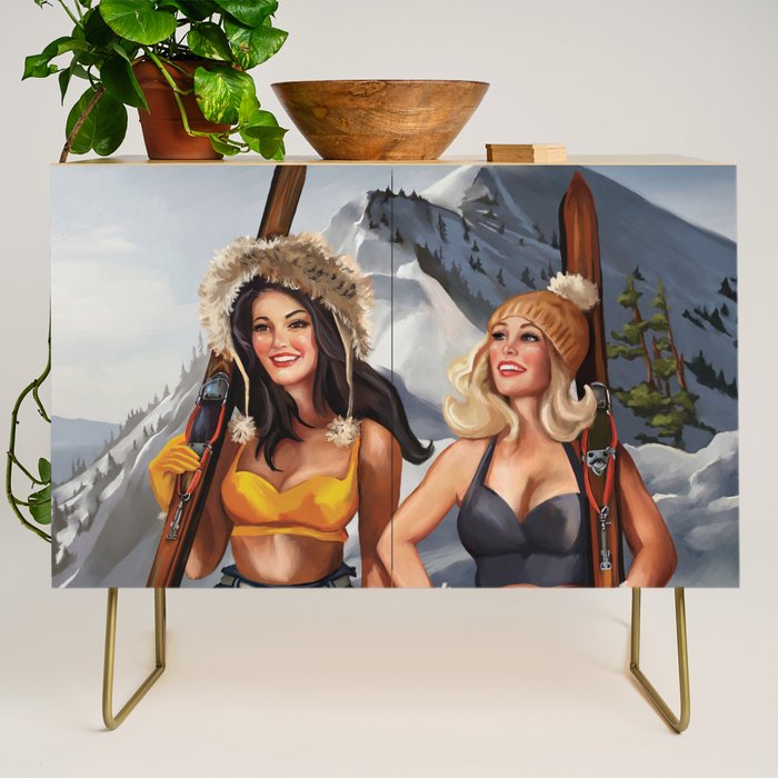 "Ski Bunnies" Cool Retro Winter Pinup Girl Art Credenza Gallery Image 1