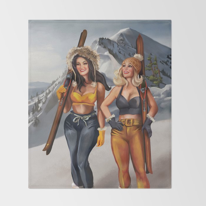 "Ski Bunnies" Cool Retro Winter Pinup Girl Art Throw Blanket Gallery Image 2