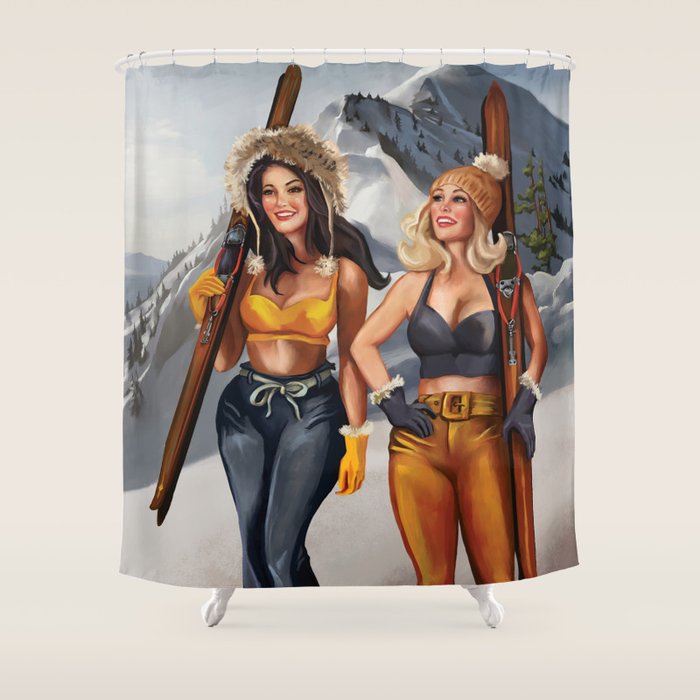 "Ski Bunnies" Cool Retro Winter Pinup Girl Art Shower Curtain Gallery Image 1