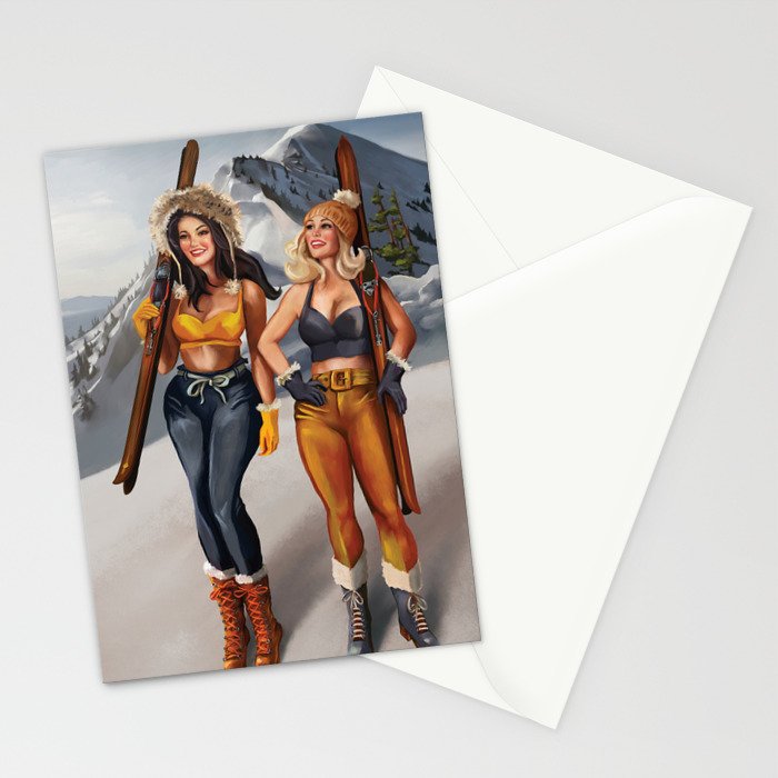 "Ski Bunnies" Cool Retro Winter Pinup Girl Art Stationery Card Gallery Image 2