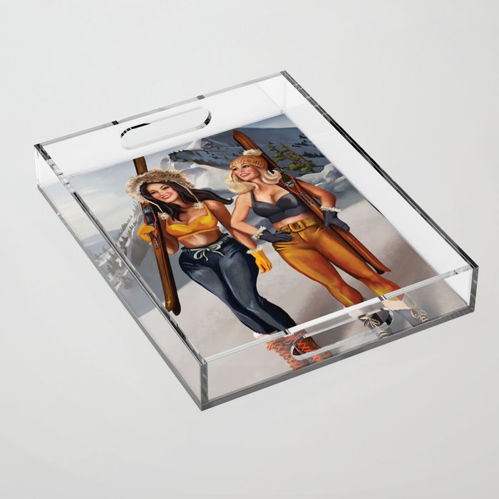 "Ski Bunnies" Cool Retro Winter Pinup Girl Art Acrylic Tray Gallery Image 1