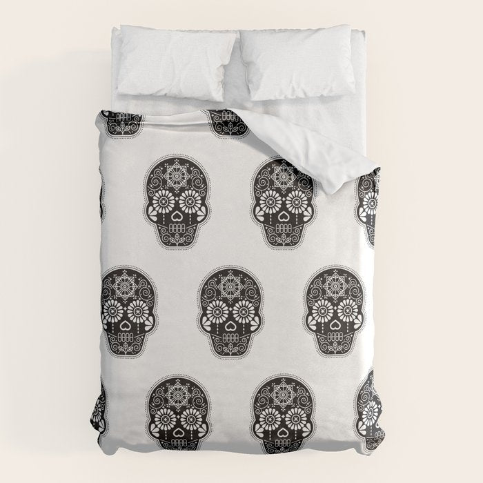 DÃ­a de Muertos Calavera â¢ Mexican Sugar Skull - Black Palette Duvet Cover Gallery Image 1