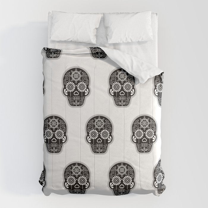 DÃ­a de Muertos Calavera â¢ Mexican Sugar Skull - Black Palette Comforter Gallery Image 1