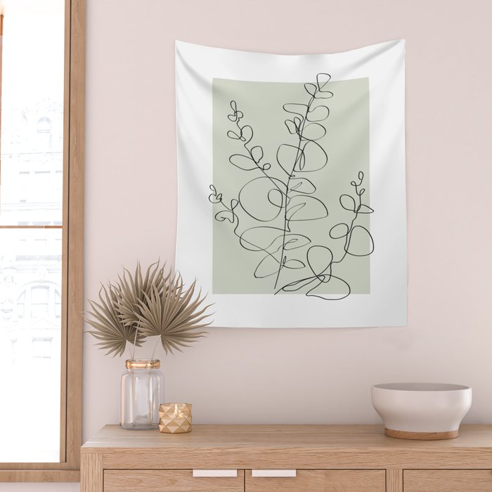 Botanical Line Art 1, Neutral Sage Green Minimalist Modern Art by Synplus Wall Tapestry Gallery Image 2