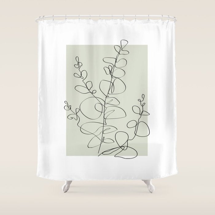 Botanical Line Art 1, Neutral Sage Green Minimalist Modern Art by Synplus Shower Curtain Gallery Image 1