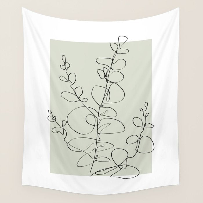 Botanical Line Art 1, Neutral Sage Green Minimalist Modern Art by Synplus Wall Tapestry Gallery Image 4