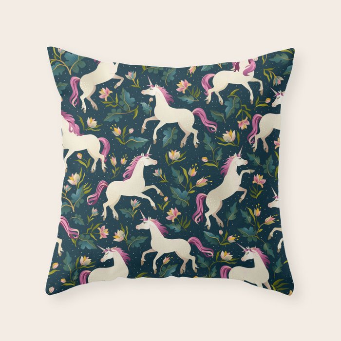 Unicorns on a dark background with a fairy forest Throw Pillow Gallery Image 1