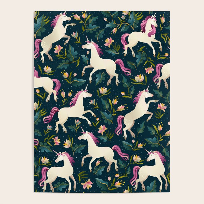 Unicorns on a dark background with a fairy forest Poster Gallery Image 4