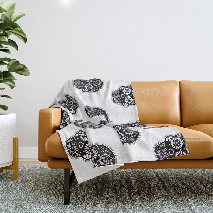 DÃ­a de Muertos Calavera â¢ Mexican Sugar Skull - Black Palette Throw Blanket Gallery Image 1