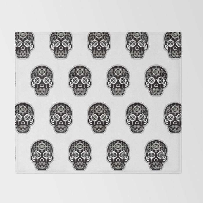 DÃ­a de Muertos Calavera â¢ Mexican Sugar Skull - Black Palette Throw Blanket Gallery Image 2