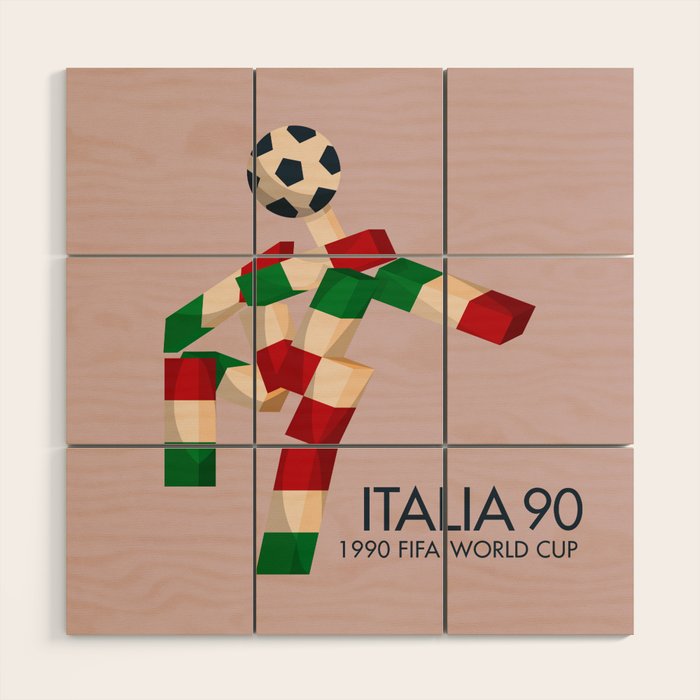 Vintage World Cup poster, Ciao, Italia 90 mascot, old football print Wood Wall Art Gallery Image 1