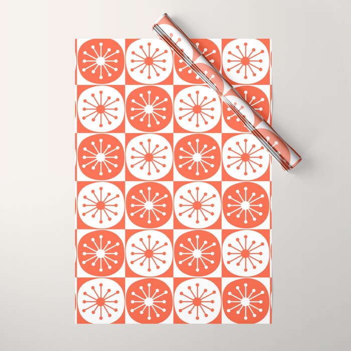 Mid Century Modern Atomic Dots Retro Orange Checkered Pattern Wrapping Paper Gallery Image 1