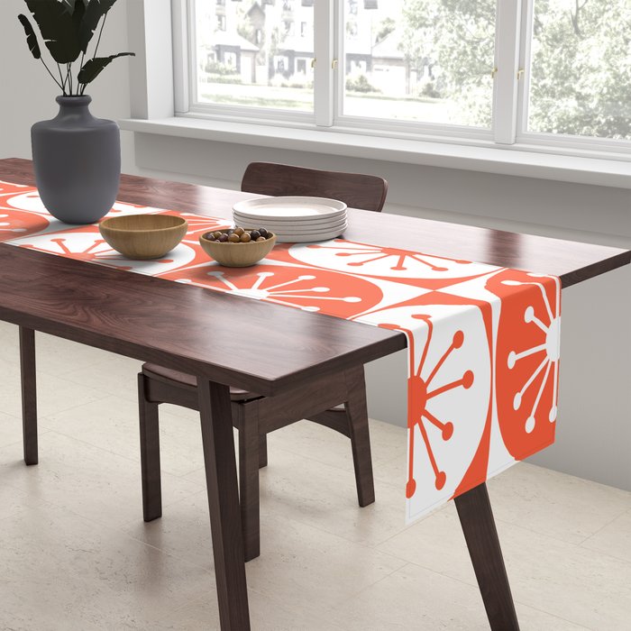 Mid Century Modern Atomic Dots Retro Orange Checkered Pattern Table Runner Gallery Image 2