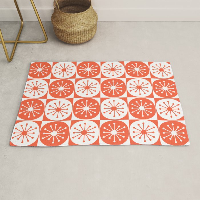 Mid Century Modern Atomic Dots Retro Orange Checkered Pattern Rug Gallery Image 1