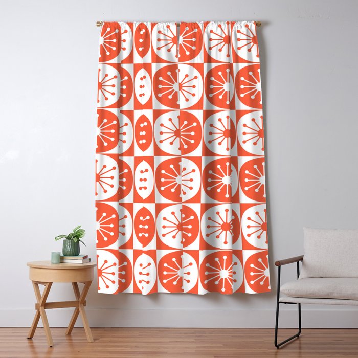Mid Century Modern Atomic Dots Retro Orange Checkered Pattern Window Curtain Gallery Image 5